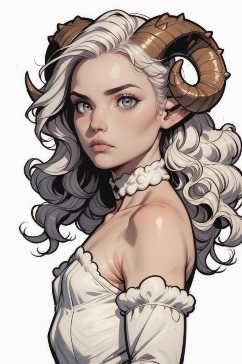 1girl, horns, solo, long hair, pointy ears, looking at viewer, white hair, bare shoulders, realistic, upper body, sheep horns, lips, grey eyes, dress, choker, curled horns, wavy hair, breasts, hair ornament, detached sleeves, closed mouth, white dress, nose, from side, sheep girl, expressionless, blonde hair, flower, eyelashes, small breasts, see-through, blue eyes, looking to the side, hair flower, strapless dress, demon girl, white theme, commix style <lora:COMMIX_epoch_15:1>