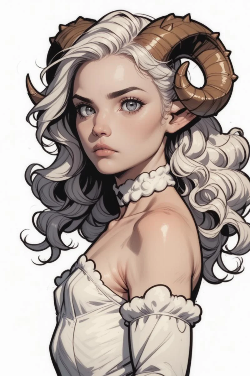 1girl, horns, solo, long hair, pointy ears, looking at viewer, white hair, bare shoulders, realistic, upper body, sheep horns, lips, grey eyes, dress, choker, curled horns, wavy hair, breasts, hair ornament, detached sleeves, closed mouth, white dress, nose, from side, sheep girl, expressionless, blonde hair, flower, eyelashes, small breasts, see-through, blue eyes, looking to the side, hair flower, strapless dress, demon girl, white theme, commix style <lora:COMMIX_epoch_15:1>