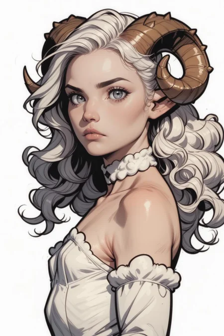 1girl, horns, solo, long hair, pointy ears, looking at viewer, white hair, bare shoulders, realistic, upper body, sheep horns, lips, grey eyes, dress, choker, curled horns, wavy hair, breasts, hair ornament, detached sleeves, closed mouth, white dress, nose, from side, sheep girl, expressionless, blonde hair, flower, eyelashes, small breasts, see-through, blue eyes, looking to the side, hair flower, strapless dress, demon girl, white theme, commix style <lora:COMMIX_epoch_15:1>
