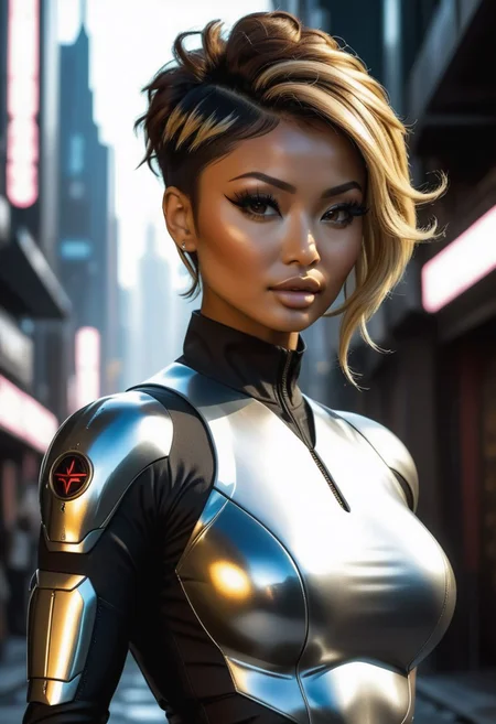 SFW, Masterpiece, intricate details Tila Tequila,Tan skin, golden skin, small, huge boobs, brown eyes, big eyes, dark brown hair, blonde highlights, ((long bang covering one eye)) , Latina woman, high cheeks bones, golden skin, tan skin,) , muscular body, RPCC,GBIH, , ((( curly pixie cut hair))), ((very short hair)), ((sides and back shaved curly on top)), (((dark brown hair))), (((heavy eyeliner))), ((long fake eyelashes)), ((tan skin)), darkskin, thick lips,((bimbo lips)) , RPCC,GBIH, Atrractive 21 years old woman, clad in intricate futuristic combat tight clothing, Cyberpunk 2077 style, Blade Runner style, dystopic sci-fi, Standing in the middle of a dark futuristic dirty street on the modern sci-fi City, in a defiant pose, utra-realistic Woman body, full body, cyborg hand, Intricately Designed futuristic tight clothing, 8K, ultra-realistic body, defiant and seductive, beautiful Breasts, Cinematic Lighting, sharp focus, digital painting, Photograph Taken on Nikon D750, Alphonse Mucha, 8K, athletic figure, Hyperdetailed, hyperrealism,