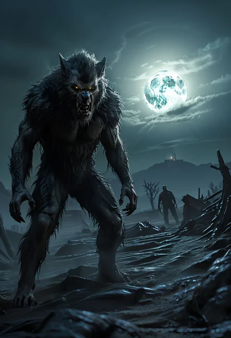 Masterpiece, 32k, photorealistic:1.4, ((((SFW)))), score_9, score_8_up, score_7_up, Werewolf at night, Immerse yourself in a desolate post-apocalyptic worl,wandering through the desolated, barren land. Feel the overwhelming sense of loneliness and melancholy as you gaze into the distance. Utilize HDR and ray tracing to enhance the atmospheric lighting and capture the haunting beauty of the backdrop, KodakPhotoMaybe, Fallout, Cyberpunk, vltdr, werewolf, desert