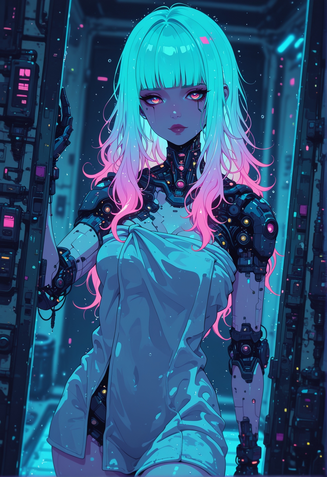 <lora:ck-nc-cyberpunk-IL-000011:0.8>, masterpiece, best quality, good quality, very aesthetic, absurdres, newest, 8K, depth of field, focused subject, 
a cyberpunk girl with glowing hair, long hair, dynamic angle, after shower, towel, at home, sci-fi, looking at viewer, seductive, gazing at viewer, surreal cyberpunk ambient, in the style of cknc, xxx667_illu, 
 <lora:MoriiMee_Gothic_Niji_Style_Illustrious_r1:0.3> <lora:XXX477:0.55>
 <lora:ck-shadow-circuit-IL:0.6>
