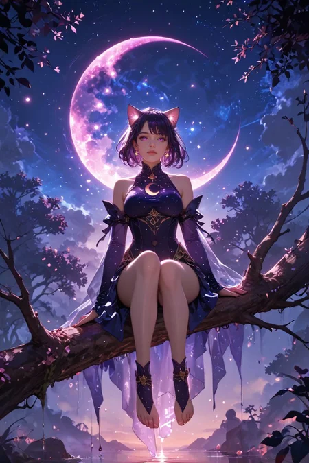realistic,detailed background,score_9,score_8_up,score_7_up,masterpiece,best quality,
<lora:(增强)sdxl_lightning_8step_lora:1>,<lora:glowneon_xl_v1:1>,glowing,<lora:ExpressiveH:0.8>,Expressiveh,<lora:(增强)Hands XL 4:1>,perfect hands,
Surreal night scene,silhouette of a cat sitting on a tree branch,crescent moon in the sky,purple hues,starry night,dreamlike atmosphere,glowing edges,mystical,high contrast,ethereal light,detailed textures,whimsical,