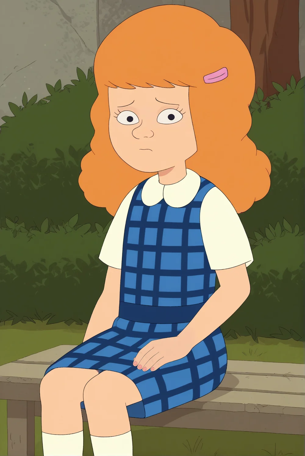 score_7_up, BRIDGET, solo, orange hair, black eyes, hairclip, hairclip, blue plaid dress, short sleeves, sit, sad, look at viewer, <lora:BridgetFitzsimmons_PXL_Leaf1:1>, outdoors,