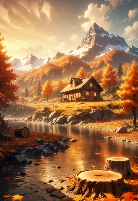 detailed landscape, mountains in background,autumn, orange theme, plains, hills, forest, fantasy landscape, river, flowers,  sunet, orange sky, no humans, leaves flying with the wind, cabin in the forest, tree stump, wood logs, cgi, masterpiece, best quality, very aesthetic, absurdres, <lora:add-detail-xl:1>,  <lora:MJ52:0.25>,  <lora:d4rk01lXLP:0.60> d4rk01l