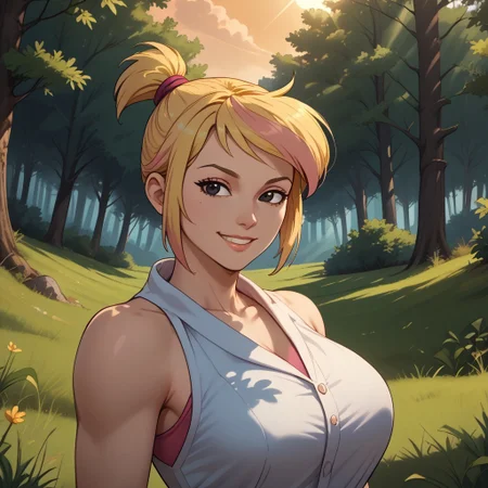 score_9, score_8, BREAK, short blond hair, high ponytail, pink streak in hair, black eyes, adult female, mature female, breasts, sexy pose, self portrait, smile, outdoors, sunlight, shadows, evening lighting, natural lighting, forest, trees, grass, orange sky, sunset