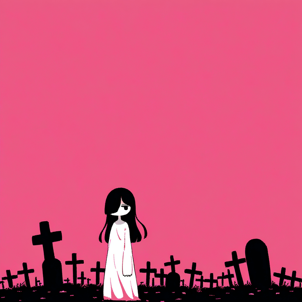 best quality, very aesthetic, absurdres, (limited palette, jaggy lines:1.2), (negative space:1.4), ([pink|blue]:1.2) theme
1girl, solo, (yamamura sadako:1.2), standing, black hair,long hair, straight hair, hair over one eye,black eyes, gray skin, expressionless, (jitome:1.2), white spooky dress, simple dress, skinny, long sleeves, standing, head tilt, (double_v:1.2)
,<lora:Margin:1>,graveyard background,tombstone