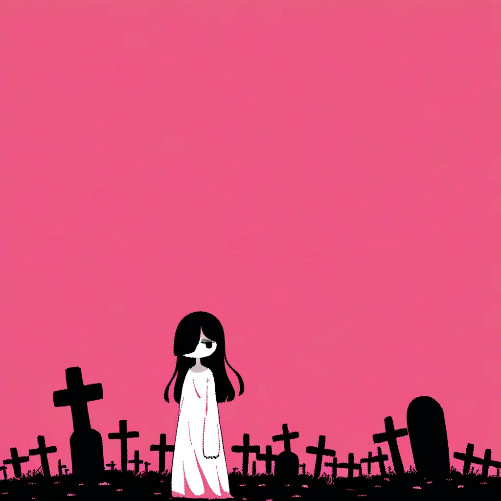 best quality, very aesthetic, absurdres, (limited palette, jaggy lines:1.2), (negative space:1.4), ([pink|blue]:1.2) theme
1girl, solo, (yamamura sadako:1.2), standing, black hair,long hair, straight hair, hair over one eye,black eyes, gray skin, expressionless, (jitome:1.2), white spooky dress, simple dress, skinny, long sleeves, standing, head tilt, (double_v:1.2)
,<lora:Margin:1>,graveyard background,tombstone