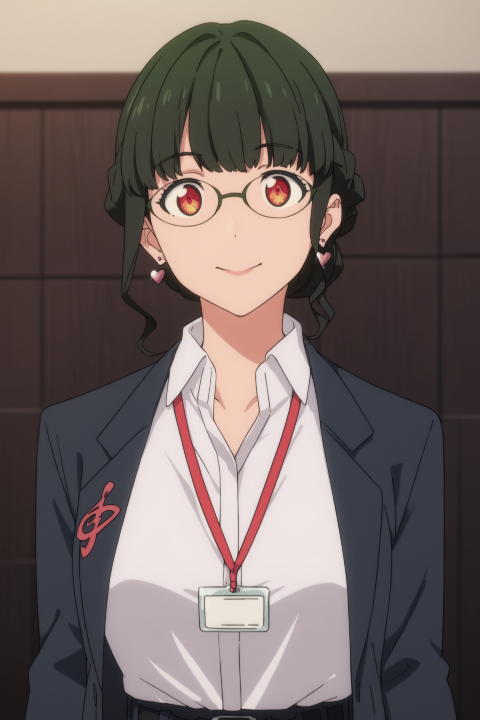score_9, score_8_up, score_7_up, score_6_up, score_5_up, source_anime, rating_safe, medium breasts, indoors, 1girl, solo, looking at viewer, <lora:age_slider_v4:3>, (upper body:1.2), (dynamic pose:1.2), anosillus the 2nd, dark green hair, short hair, low tied hair, french braid, red eyes, glasses, heart earrings, suit, grey jacket, white shirt, collared shirt, lanyard, open jacket, black belt, grey pants, white footwear, <lora:Anosillus_the_2nd:0.8>