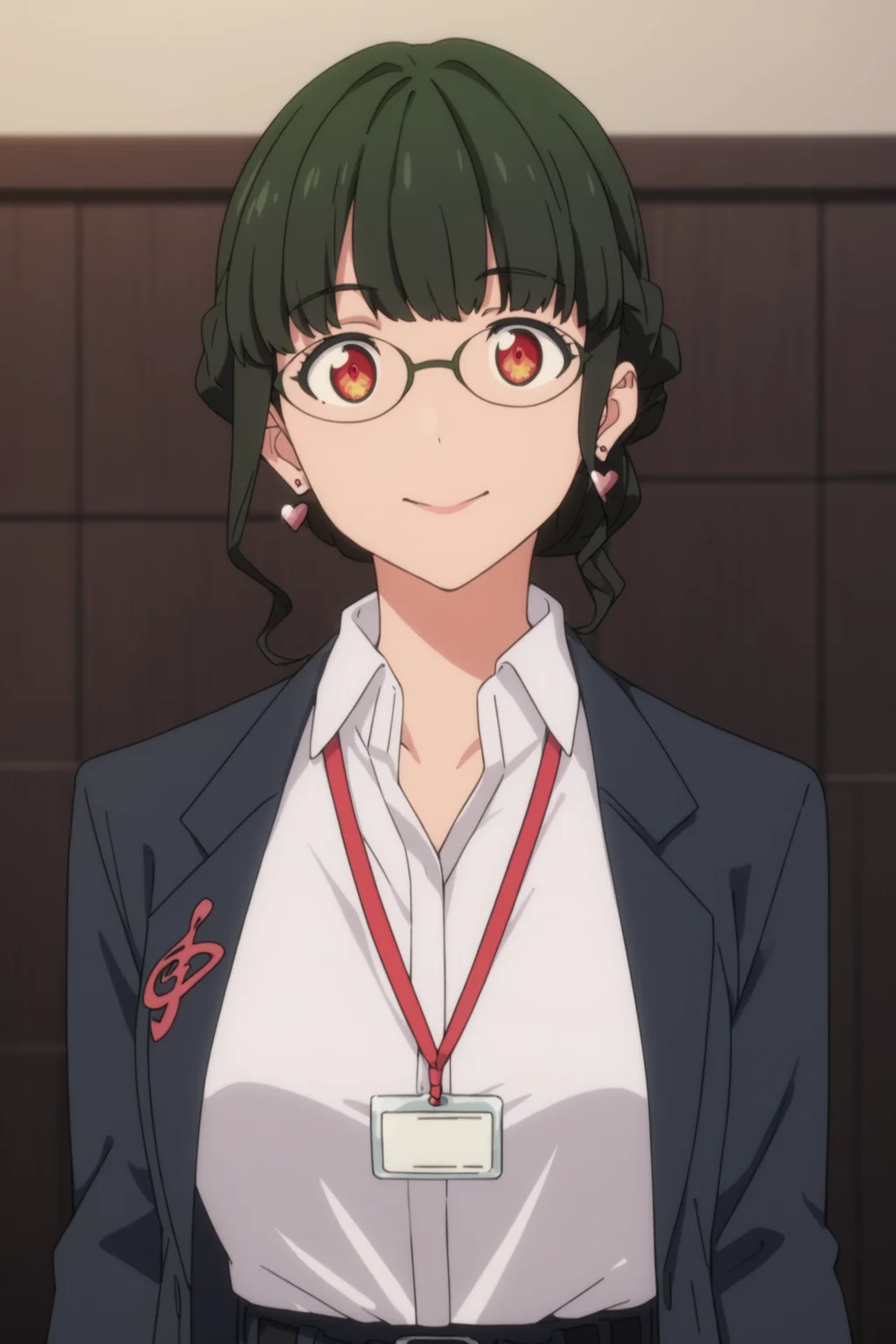 score_9, score_8_up, score_7_up, score_6_up, score_5_up, source_anime, rating_safe, medium breasts, indoors, 1girl, solo, looking at viewer, <lora:age_slider_v4:3>, (upper body:1.2), (dynamic pose:1.2), anosillus the 2nd, dark green hair, short hair, low tied hair, french braid, red eyes, glasses, heart earrings, suit, grey jacket, white shirt, collared shirt, lanyard, open jacket, black belt, grey pants, white footwear, <lora:Anosillus_the_2nd:0.8>