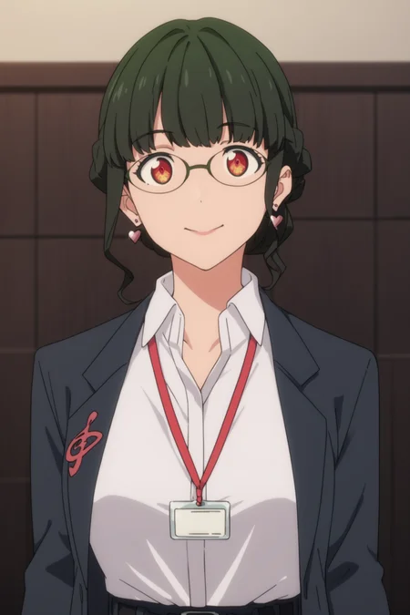 score_9, score_8_up, score_7_up, score_6_up, score_5_up, source_anime, rating_safe, medium breasts, indoors, 1girl, solo, looking at viewer, <lora:age_slider_v4:3>, (upper body:1.2), (dynamic pose:1.2), anosillus the 2nd, dark green hair, short hair, low tied hair, french braid, red eyes, glasses, heart earrings, suit, grey jacket, white shirt, collared shirt, lanyard, open jacket, black belt, grey pants, white footwear, <lora:Anosillus_the_2nd:0.8>
