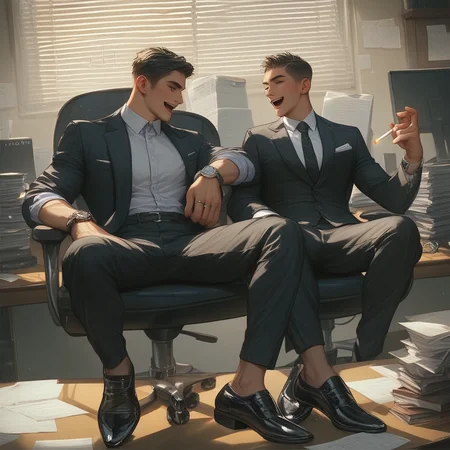 aaPO8m1n1,B0Y1G,score_9,score_8_up,score_7_up,1boy,figure_four_lock,leaning back sitting, office, all black formal suit, wristwatch, holding a cigarette, open mouth, laugh, sleek leather shoes, rings, head back, office desk, pornography playing on computer, next to colleagues,full body,