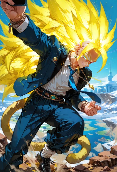 masterpiece, best quality, good quality, very awa, very aesthetic, absurdres, Son_Gokaction the evil mastermind, 1boy, male focus, solo, glowing hair, super saiyan,