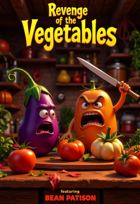 Horror movie poster. Angry cute vegetables stand on a cutting board on a kitchen table. The picture shows a live eggplant, a live tomato, a live bottle gourd. The eggplant is holding a knife. At the top of the picture is the title of the movie: "Revenge of the Vegetables". At the bottom of the picture is written: "featuring Bean Patisson".
<lora:Cute_3d_Cartoon_Flux:0.6>