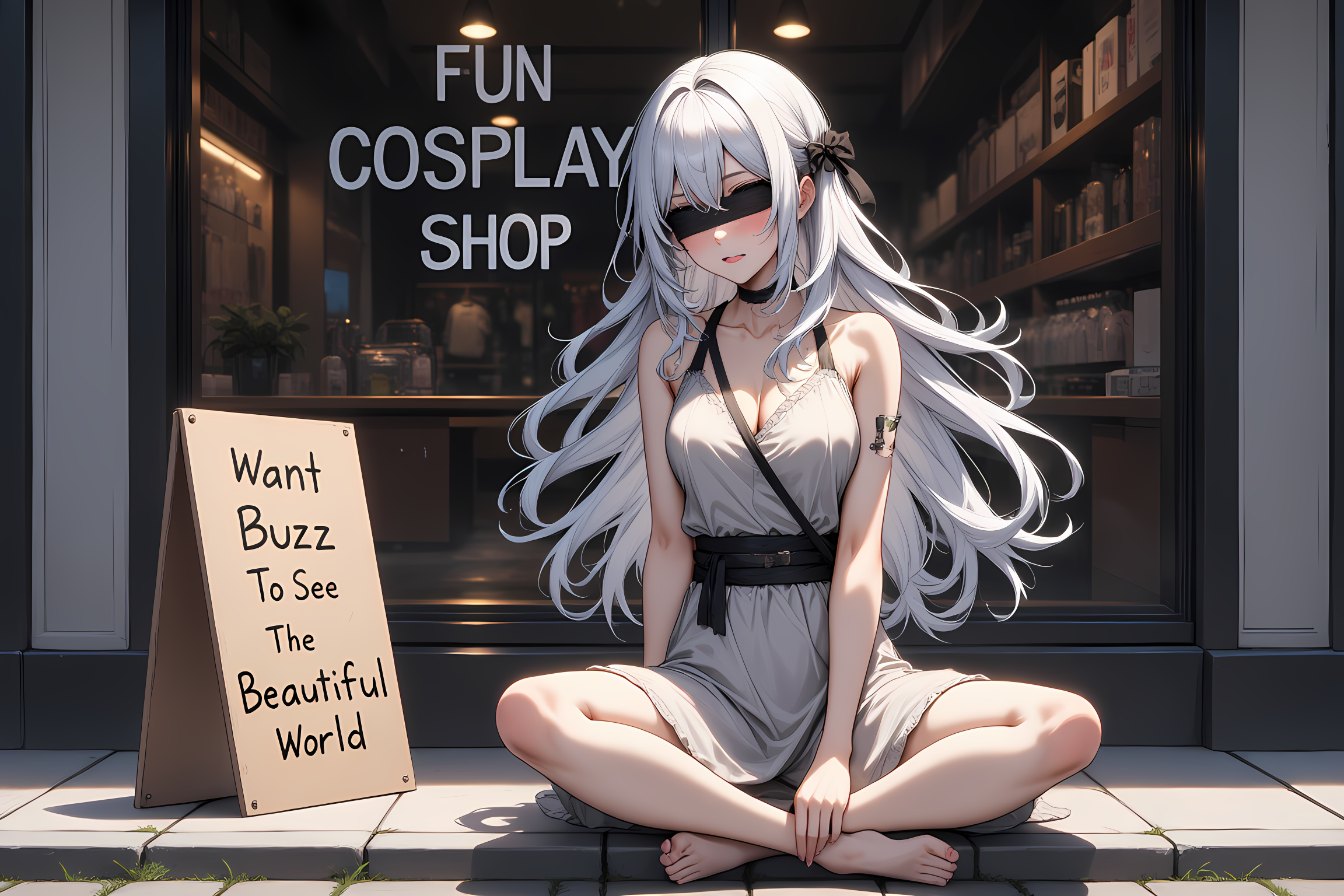 A girl with long white hair flowing, her hair looks messy not combed, her clothes are tattered like slave clothes. A black cloth tied to close his eyes. Sitting cross-legged on the side of the road in front of a building, The building is a clothing shop and has large glass, ((on the glass it says "FUN COSPLAY SHOP")), the text is arial to easy read. ((A paper coated board standing next to the girl has the words "Want Buzz To See The Beautiful World")), Board is directed to the windows viewer