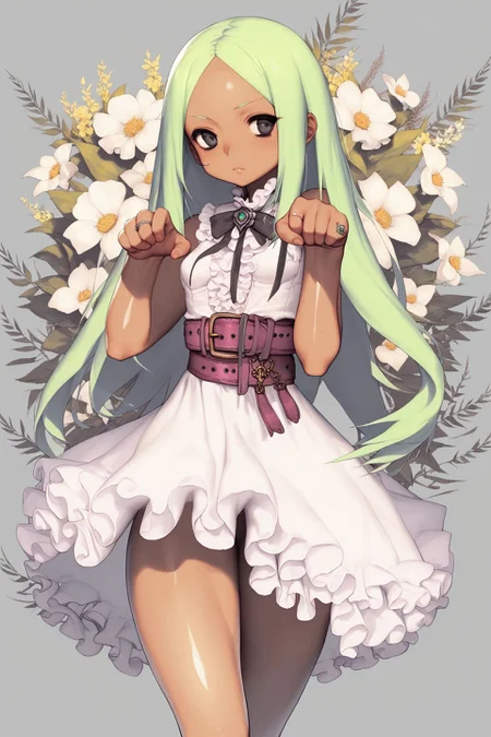 score_9, score_8_up, score_7_up, 1girl, paw pose, looking away, :3, green hair, hair_intakes, low-tied_long_hair, black eyes, small breasts, dark skin, fur-trimmed_dress, sheer, lace, frills, belt, ribbon, ring, Dahlia \(flower\), floral background, arm_hehind_head, sunbeam <lora:destiny_c_PonyXL_style_v02.07.01.10.05:1>