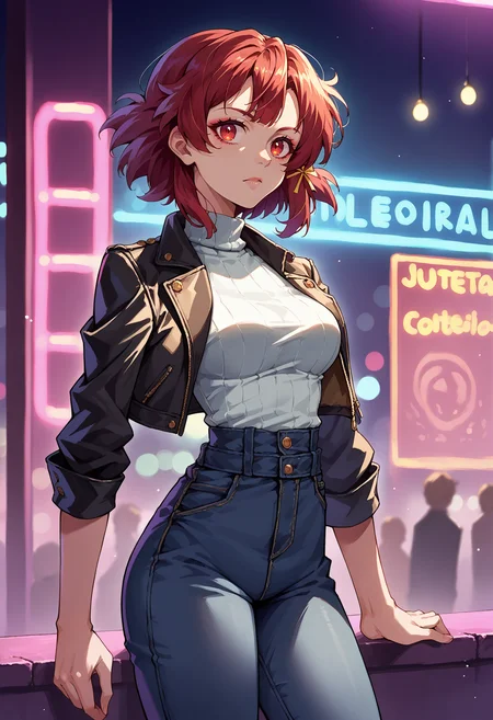 score_9, score_8_up, source_anime, 1girl, solo, Izetta, short hair, hair ribbon, cowboy shot, nightclub, neon lights, bokeh, depth of field, makeup, leather jacket, turtleneck, high waist pants, <lora:ChamIzettaPonyXL:1>
