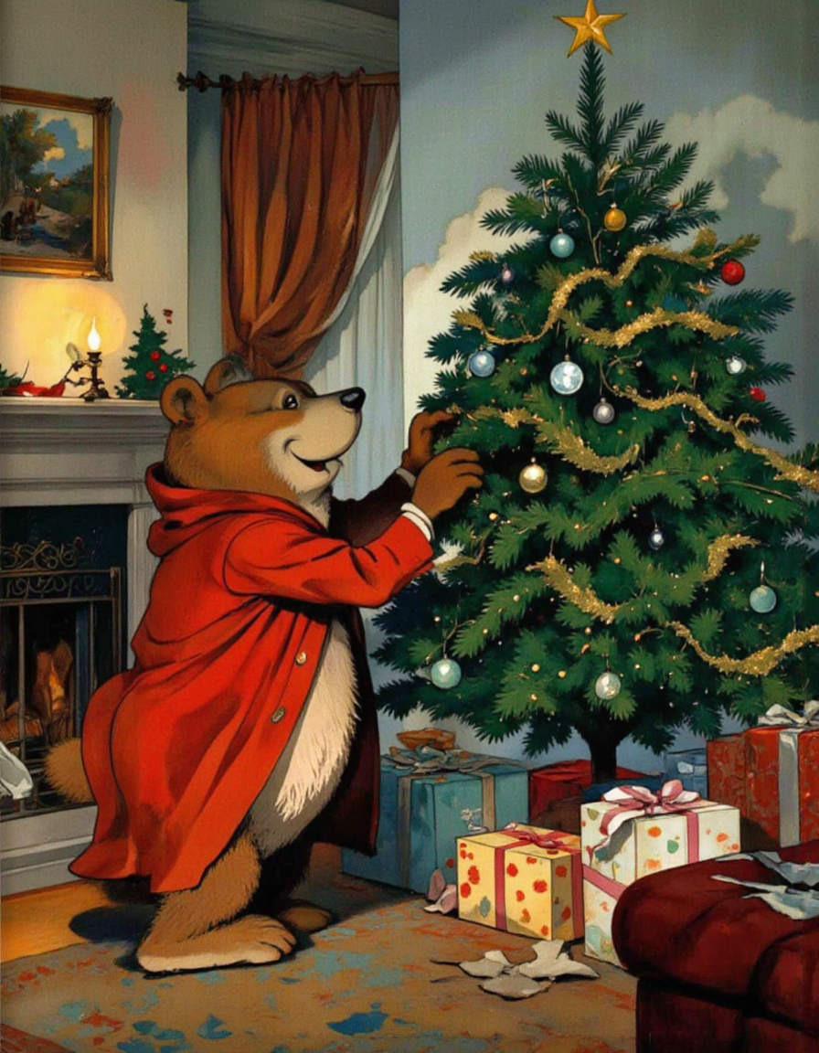 <lora:chzcat:1>, A cheerful cartoon bear decorating a Christmas tree in a festive living room. The bear is standing on tiptoes, placing ornaments on the tree with excitement, surrounded by twinkling lights and wrapped gifts underneath the tree.