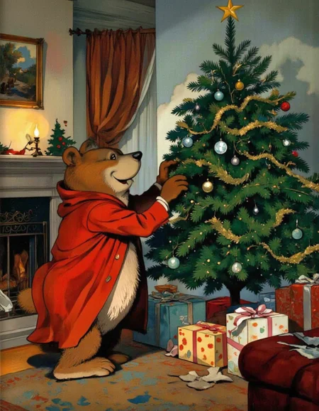 <lora:chzcat:1>, A cheerful cartoon bear decorating a Christmas tree in a festive living room. The bear is standing on tiptoes, placing ornaments on the tree with excitement, surrounded by twinkling lights and wrapped gifts underneath the tree.
