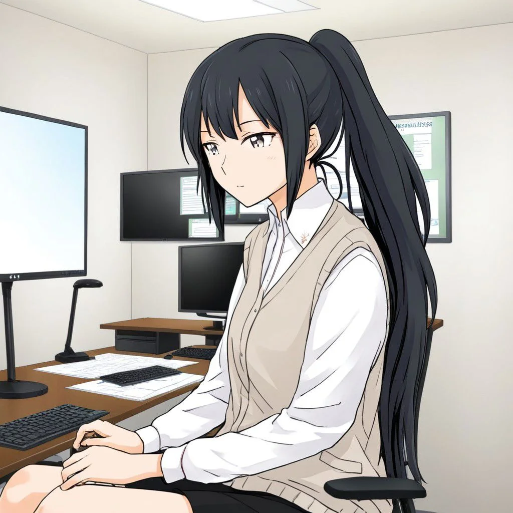 masterpiece, best quality,
kd_vnstyle
1girl, solo
(Black hair,ponytail)
Office, sitting in chair,
In front of monitor