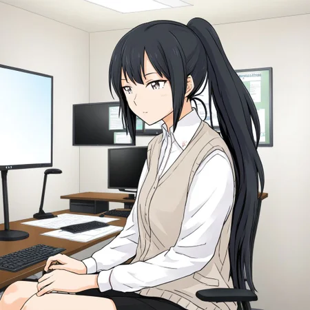 masterpiece, best quality,
 kd_vnstyle
 1girl, solo
(Black hair,ponytail)
Office, sitting in chair,
In front of monitor