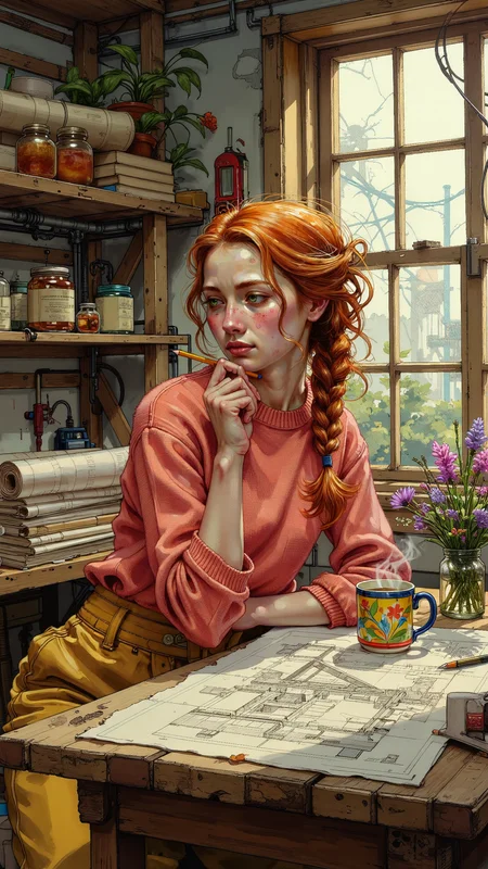 A digital artwork in the style of cknc, High-resolution anime-style illustration with bold, expressive brushstrokes and rich oil painting textures. A cute young woman sits at a sturdy wooden workbench in a sunlit workshop, carefully studying a large, unfolded blueprint spread before her. Her long, wavy auburn hair, styled into an intricate braided ponytail, cascades over her shoulder, a few loose strands catching the golden light filtering through the dusty windows. Her bright green eyes, filled with curiosity and quiet focus, scan the fine details of the design, her lips curling slightly into a thoughtful smile.
She wears a vibrant, cropped knit sweater in warm coral tones, its rolled-up sleeves revealing hints of ink smudges, paired with high-waisted, mustard-yellow linen pants, loose and comfortable yet flattering. One elbow rests on the table as she lightly taps a pencil against her chin, deep in concentration. Around her, the warm, rustic space is lined with wooden shelves stacked with books, old sketches, and neatly rolled-up blueprints, while small potted plants and wildflowers in glass jars add a lively touch. A mug of steaming tea with a colorful ceramic design rests beside her, faint wisps of steam curling into the air, blending the scent of aged paper, warm wood, and the fresh spring air drifting through an open window <lora:ck-nc-pastel-cyberpunk:1.0> <lora:Dorota_Pietrowiak:0.4> <lora:Craig_Hanna:0.6>