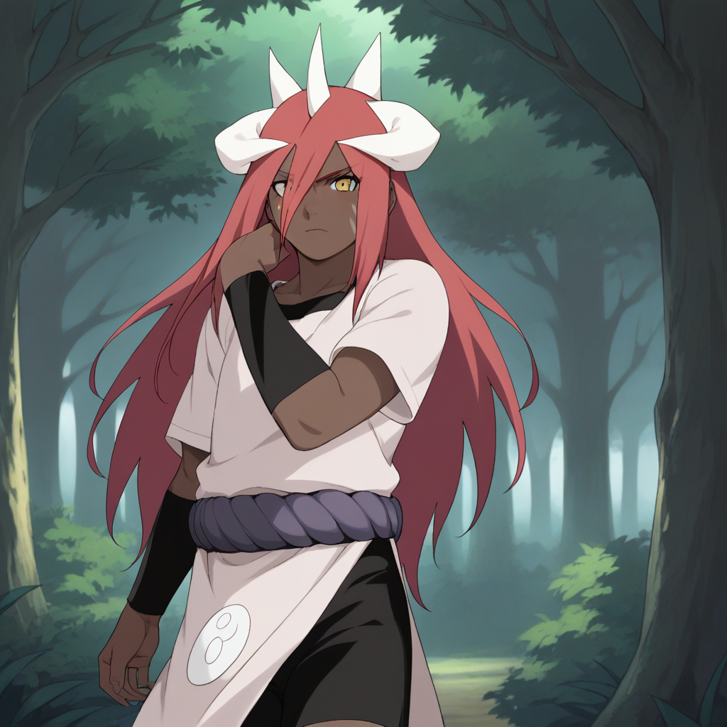 score_8_up, BREAK, 1girl, solo, tayuya, red hair, long hair, yellow eyes, dark skin, horn, tunic, black arm warmers, black shorts, cowboy shot, outdoors, forest,  <lora:Tayuya_Naruto_PXL_Leaf1:1>,