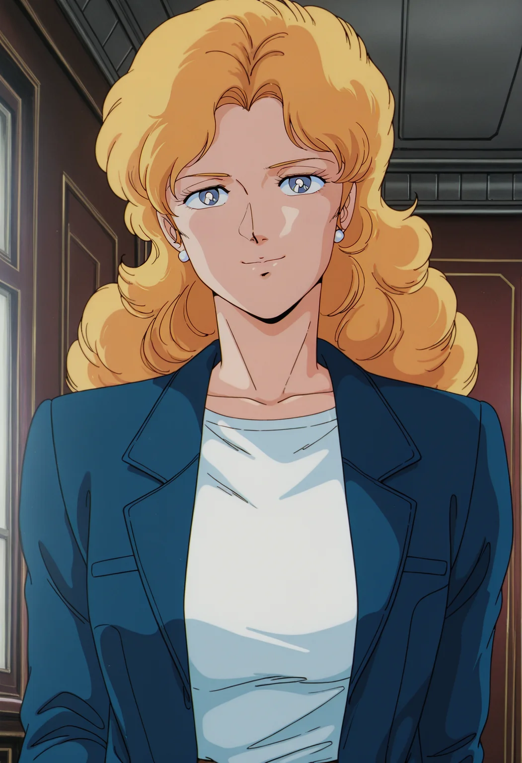1girl,solo,mm,mature female,long hair,blonde hair,long hair,blue eyes,earrings,anime coloring,retro artstyle,1980s (style),
blue jacket,white shirt,upper body,looking at viewer, smile,indoors
,masterpiece,best quality,amazing quality,<lora:Nadia_Ronah-Gundam_F91:0.8>