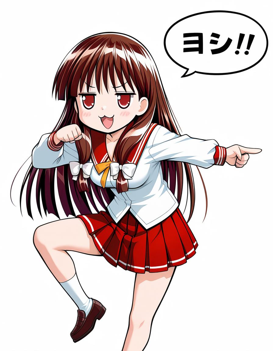 masterpiece, best quality, amazing quality, very aesthetic, high definition, absurdres, official art, ultra detailed, 
1girl solo, ouse_yumiko, long hair, brown hair, red eyes, tress ribbon, medium breasts BREAK school uniform, serafuku, red sailor collar, pleated skirt, 
smile, jitome, stylish pose, genba_neko,chibi,pointing,standing on one leg,:3,open mouth,meme,parody, speech bubble, simple background, white background <lora:genba_neko_like_v2:1> <lora:ouse yumiko v1.0-000018:1>