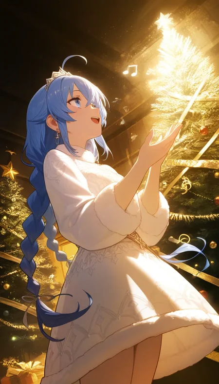 (masterpiece, best quality), best score, best anatomy, ultra deitailed, amazing quality, very aesthetic, absurdres, highres, newest, HDR, 8K, high detail RAW color art, high contrast, bright face, large pupil, eyelashes, brilliant skin, shiny skin,
1girl, roxy migurdia \(mushoku tensei\), blue eyes, blue hair, ahoge, earring, tiara, mature female, gorgeous, luxurious, winter dress, indoors, cowboy shot, looking at viewer, look up, smile, round teeth, Merry Christmas!, musical note, music effect, bloom, singing, dim lighting, Christmas tree, snow crystal, <lora:薄塗り:0.4>, <lora:ponyv5_noobV065S_1:0.55>, <lora:spo_sdxl_10ep_4k:0.6>, <lora:GBF_Illustrious:0.4>, <lora:MeMaXL4:0.8>