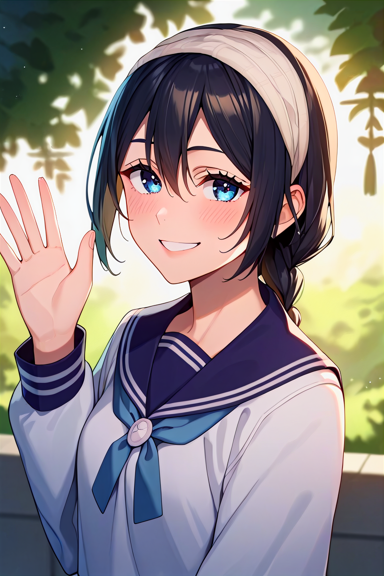 score_9, score_8_up, score_7_up, score_6_up, score_5_up, score_4_up, rating_questionable, , source_anime, digital illustration, pixiv, fanbox, uncensored, , BREAK, official art,
1girl, solo, female, amanai riko, black hair, braid, headband, blue eyes, 
school uniform, white serafuku, upper body, waving, blush, light smile, outdoors, cowboy shot, looking at viewer, colorful, vivid   <lora:Amanai_Riko_Pony2-10:0.8>
