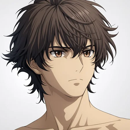 ASCII masterpiece, best quality, solo, medium shot, soran_ibrahim, 1man, lean shirtless, (slim lean body: 1.1), detailed reflective brown eye, detailed hair, detailed sculpted torso, in front of a (plain white background: 1.2), 4k, 8k, intricate detail, soft warm lighting,