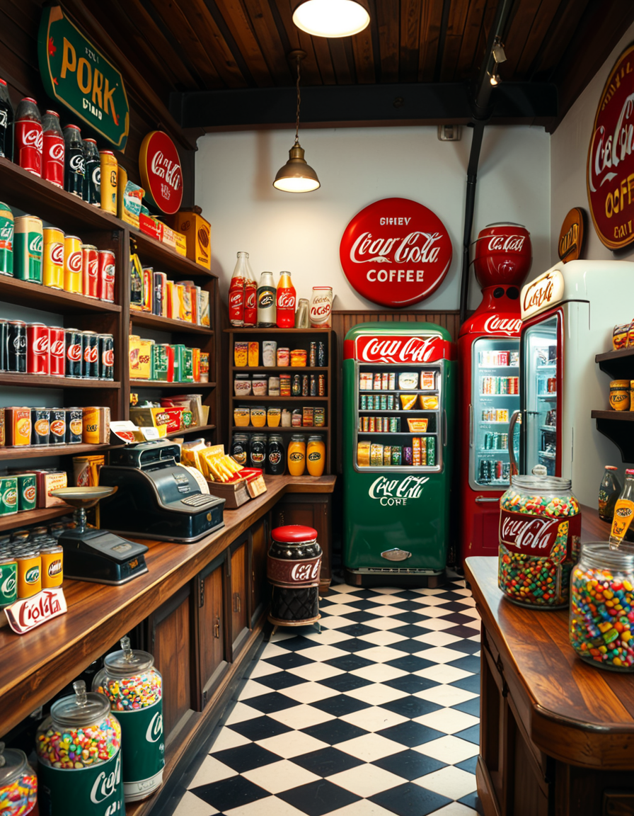 A vintage 1950s grocery store filled with nostalgic details. Wooden shelves neatly stocked with classic canned goods, glass soda bottles, and colorful retro packaging. An old-fashioned cash register sits on the wooden counter, next to a small scale for weighing produce. The checkered black-and-white tile floor adds to the mid-century charm, while hand-painted signs on the walls advertise milk, bread, and coffee in bold, retro fonts. A display of penny candy in glass jars sits near the entrance, and a vintage Coca-Cola refrigerator hums in the background. Soft, warm lighting casts a nostalgic glow over the scene, enhancing the rich textures of wood, glass, and metal, capturing the essence of a bygone era.
<lora:SDXLFaeTastic2400:0.4> <lora:extremely_detailed:0.4> extremely detailed
 <lora:1950s_grocery_st0r3:1>,1950s grocery st0r3, Masterpiece,best quality,hi res,8k,hi res,8k,award winning,(sharp focus, intricate, highly detailed),