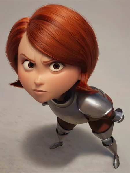 <lora:Helen_Parr:0.7> pa_rr, 1girl, ginger hair, brown eyes, full body, armor knight, simple background, score_9, score_8_up, score_7_up,