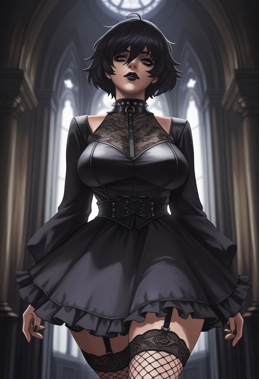 Monori_r, solo, 1girl, large breasts, short hair, messy hair, black hair, hair between eyes, dead eyes, soulless eyes, purple eyes, goth makeup, black lipstick, goth dress, frilled dress, fishnet stockings, cowboy shot, cropped legs, masterpiece, best quality, amazing quality, very aesthetic, high resolution, ultra-detailed, absurdres, newest, very awa, dynamic lighting, photorealistic detail, detailed face, detailed eyes, detailed hair, depth of field, scenery, volumetric lighting
