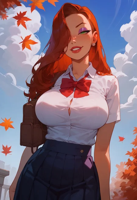 score_9, score_8_up, score_8. score_9, score_8_up, score_7_up, score_6_up, masterpiece, 4k, high quality, (best quality:1.1), ExpressiveH, dutch angle
1girl, solo, jessica rabbit, red hair, hair over right eye, green eyes, large breasts, school uniform, shirt, skirt, mini backpack, standing, smiling, looking at viewer, mischievous smile
BREAK
school, outdoors, blue sky, white clouds, autumn leaves