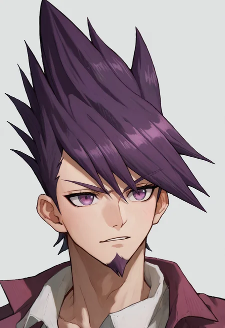 score_9_up score_8_up score_7_up, portrait, simple background
BREAK
score_9_up score_8_up score_7_up, momota kaito, 1boy, facial hair, goatee, spiked hair, purple eyes, purple hair, bangs, short hair, beard
 <lora:danganranpa_v3_pony_d16:1>