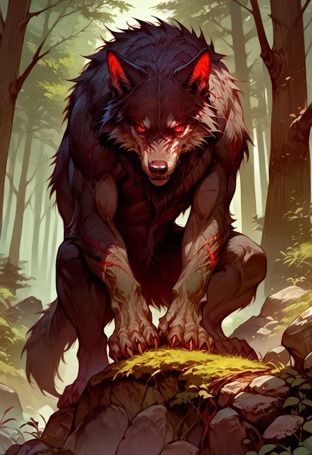 score_9, score_8_up, score_7_up, source_anime, solo, looking at the viewer, ( Giant wolf, red eyes,  black fur, tail), scary, simple background, (detailed image, high resolution, 5k resolution:1.0),  (forest, rocks, plants)