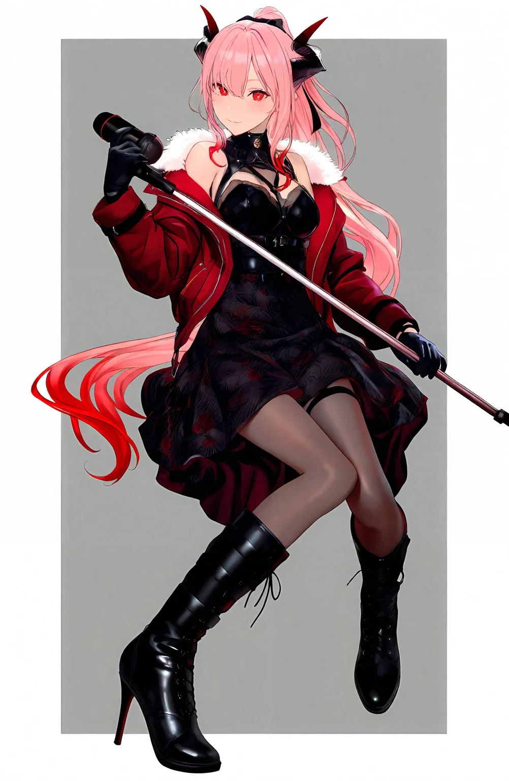 1girl, solo, long_hair, breasts, looking_at_viewer, simple_background, gloves, red_eyes, dress, holding, very_long_hair, jacket, full_body, pink_hair, ponytail, boots, horns, black_gloves, virtual_youtuber, black_footwear, grey_background, black_dress, high_heels, fur_trim, microphone, high_heel_boots, microphone_stand
