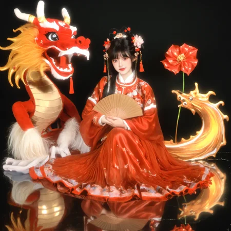 longnianhao,long1, 1girl, hand fan, black hair, reflection, dragon, holding, hair ornament, flower, holding fan, black background, solo, long sleeves, sitting, eastern dragon, bangs, chinese clothes, reflective floor, looking at viewer, folding fan, barefoot, dress, animal, long hair, tassel, red dress, wide sleeves, fox, blunt bangs, paper fan, jewelry, hair flower, water <lora:longnianhaosdxl-000010:0.8>