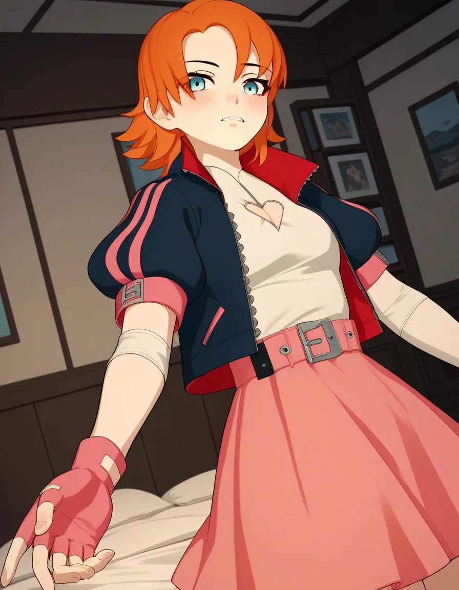 score_9, score_8_up, score_7_up, source_anime, <lora:nora-valkyrie-ponyxl-lora-nochekaiser:1>, nora valkyrie, blue eyes, medium hair, orange hair,, skirt, shirt, gloves, jacket, short sleeves, open clothes, puffy sleeves, belt, fingerless gloves, open jacket, puffy short sleeves, clothing cutout, cleavage cutout, pink skirt, pink gloves, heart cutout, indoors, bed, bed room, on side, blush, drunk, looking at viewer, solo, cowboy shot, dutch angle