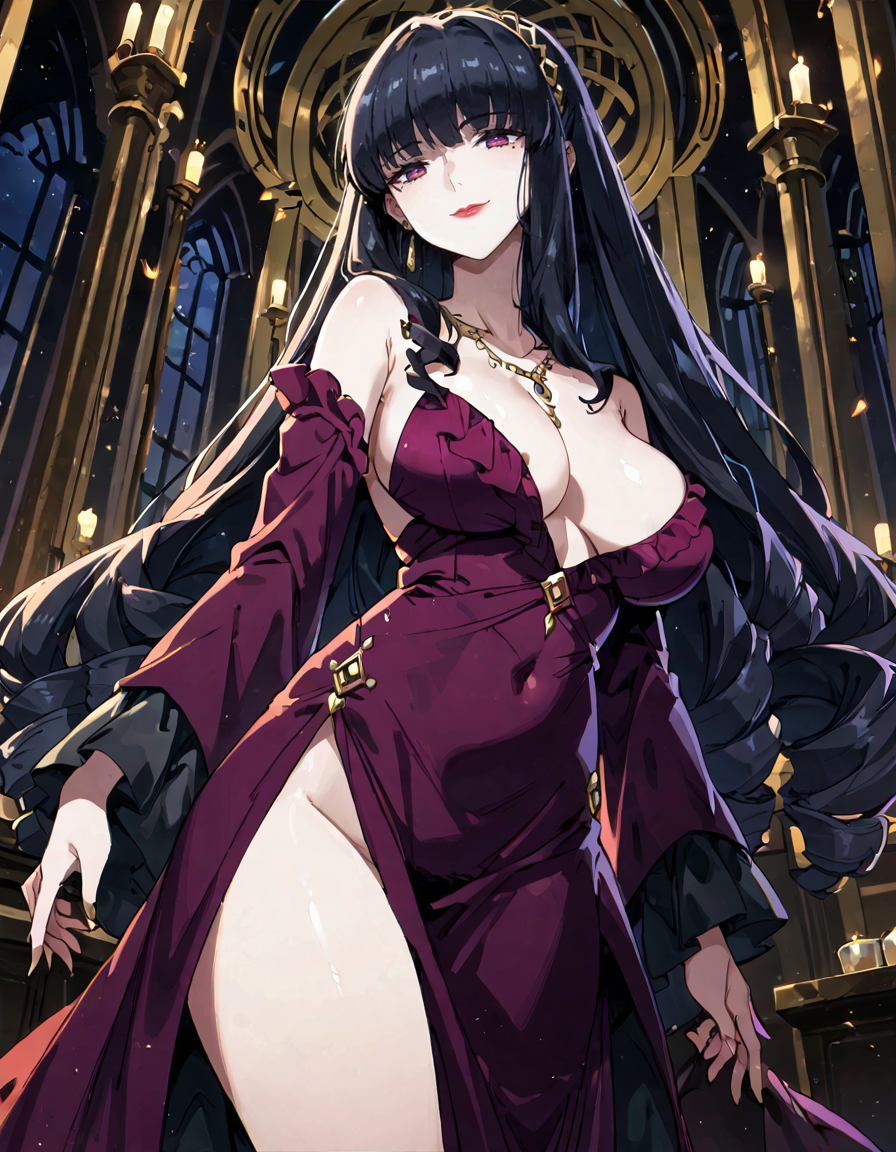 score_9,score_8_up,score_7_up,score_6_up,score_5_up,score_4_up,1girl,  <lora:mayayotsuba:0.8> mayayotsuba,large breasts,black hair,makeup, jewelry, purple dress,    seductive smile, evil smile