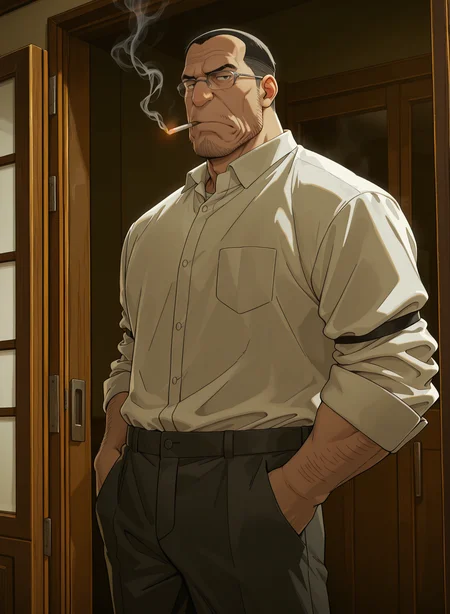 zPDXL2,general,masterpiece,best quality,amazing quality,game cg,(highres),male focus,(from side:0.1),front view,1boy,looking_at_viewer,solo,
kn0x,mature,facial hair,glasses,black hair,stubble,collared_shirt,pants,
standing,smoking,hand_in_pocket,
<lora:NOOB_vp1_detailer_by_volnovik_v1:1>,<lora:zoroj:0.3>,<lora:AMarvelRivals_style:0.7>,<lora:Knox_IL-000016:1>,<lora:ä¸°å¯èæ¯_IL:0.6>,