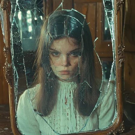 ArsMovieStill, movie still from a 1970s horror movie, The image is a close-up of a mirror with a broken glass frame. The mirror is placed on a wooden table and the reflection of a young woman is visible in the glass. The woman has long dark hair and is wearing a white blouse. She is looking directly at the camera with a serious expression on her face. The glass is cracked and appears to be broken into multiple pieces. The frame is ornate and has a gold finish. The background is blurred but it seems to be a room with a wooden wall and a window., 1girl, solo, reflection, long hair, mirror, glass, realistic, looking at viewer, sweater, broken glass <lora:70sHorrorMovie2SDXL:1>