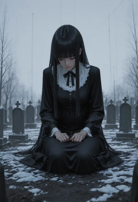 wlop, shal.e, guweiz,
masterpiece, best quality, amazing quality, very aesthetic, newest,
1girl, mature female, sitting, funeral dress, mourning, tears, weeping, plump, black hair, very long hair, blunt bangs, graveyard, solemn atmosphere, epic,exaggerated,
limited palette, realistic, photo background,
<lora:r17329_illu:0.4> r17329_illu,
BREAK
cold night, icey rain, Moody lighting,
<lora:vamstyle:0.25> vamstyle,
<lora:re4lity:0.3> re4lity_sync_illu, foreshortening,
<lora:illustrious_niji_composite:0.25>,
