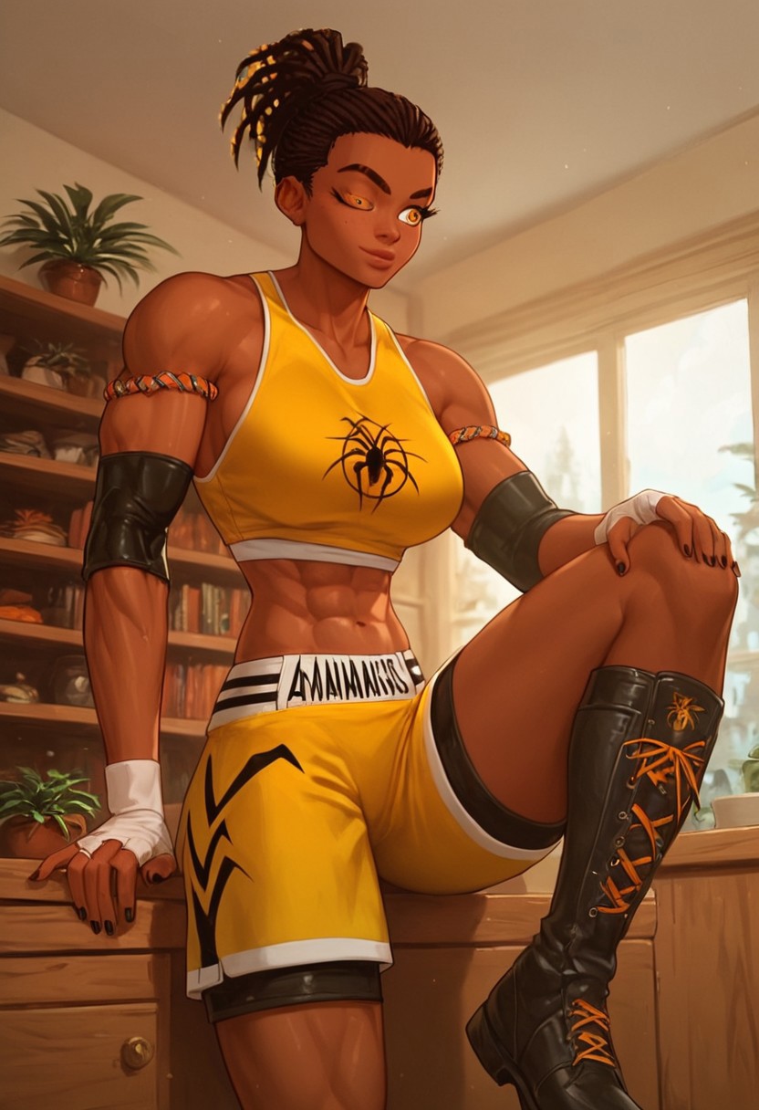 score_9, score_8_up, score_8, score_9_up, DonMC0m1cM4g1cXL, 1girl, solo, Nora Césaire, dark-skinned, amber eye, dreadlocks, braids, ponytail, tank top, shorts, lagging, knee-length black boots, mma gears, hyper muscular, slim waist, wide hips, large breasts, pose, strong