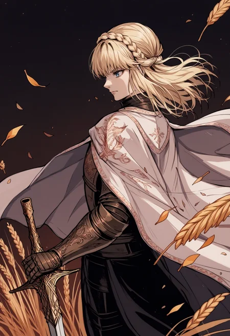 score_9,score_8_up,score_7_up, source_anime,
1girl, solo, from side, holding sword, wind, leaves, dark, dark background, wheat field,
NeedleKnightLeda, blue eyes, blonde hair, bangs, crown braid, plate armor, white cape, breastplate, Knight, gloves, gauntlets, shoulder armor, black pants
<lora:NeedleKnightLeda_XLPD:0.9>  <lora:Yoji:0.7> sketch