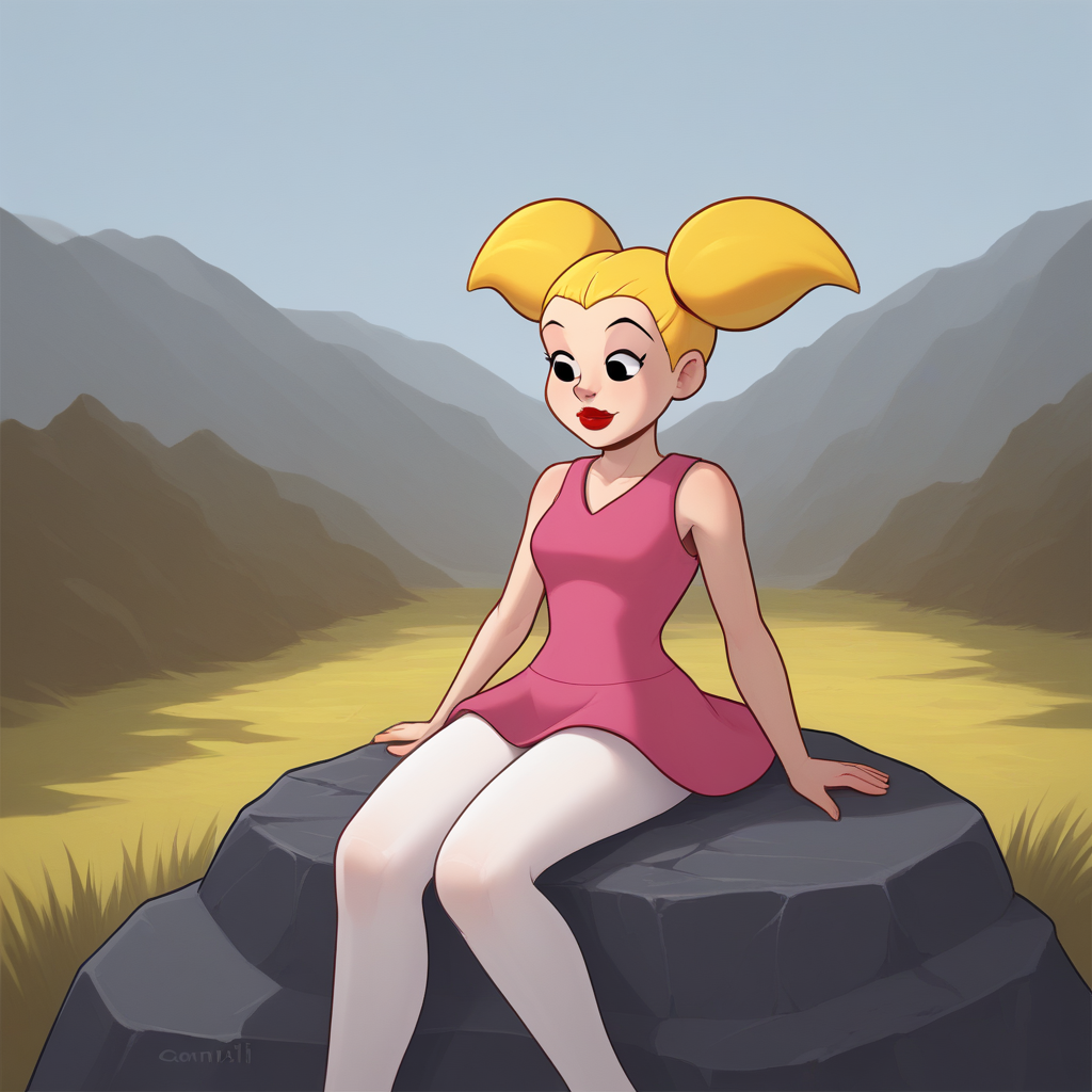 score_7_up, BREAK,  Candi, 1girl, solo, blonde hair, twintails, black eyes, red lips, pink dress, sleeveless, white pantyhose,  <lora:Candi_DexterLab_PXL_Leaf1:1>, cowboy shot, sitting on rock, outdoors,