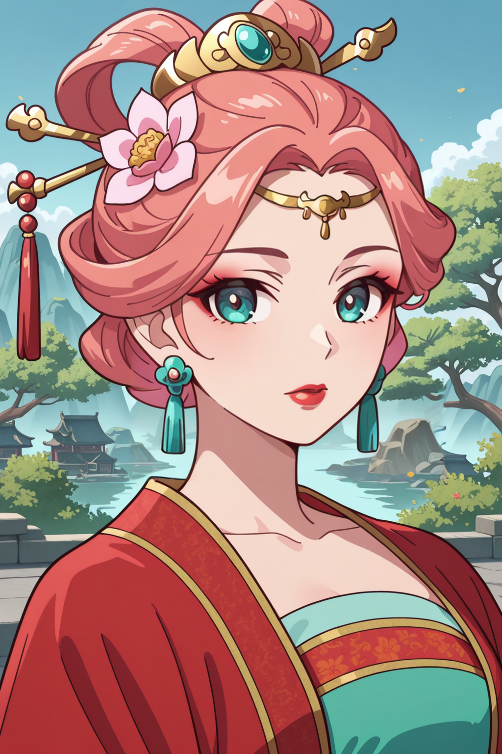 <lora:ApothecaryDiaries:1>, ApothecaryDiaries, 1girl, solo, hair ornament, flower, hair flower, lipstick, makeup, looking at viewer, pink hair, upper body, Chinese clothes, hanfu, red lips, outdoors, hair stick, aqua eyes, earrings, jewelry, updo,
