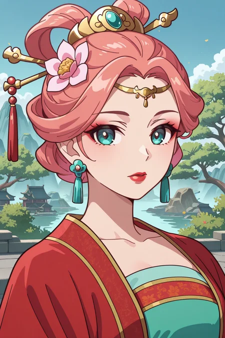 <lora:ApothecaryDiaries:1>, ApothecaryDiaries, 1girl, solo, hair ornament, flower, hair flower, lipstick, makeup, looking at viewer, pink hair, upper body, Chinese clothes, hanfu, red lips, outdoors, hair stick, aqua eyes, earrings, jewelry, updo,